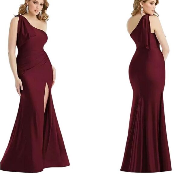 NWT Cynthia & Sahar Cascading Bow One Shoulder Satin Dress Cabernet Red L - Picture 1 of 16
